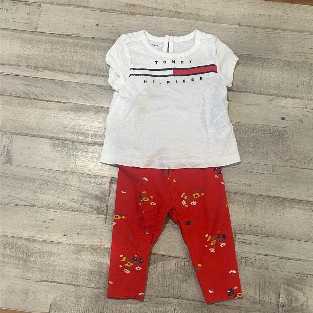 Tommy Hilfiger White Top and Red Floral Leggings Set- baby girl 6-9 months